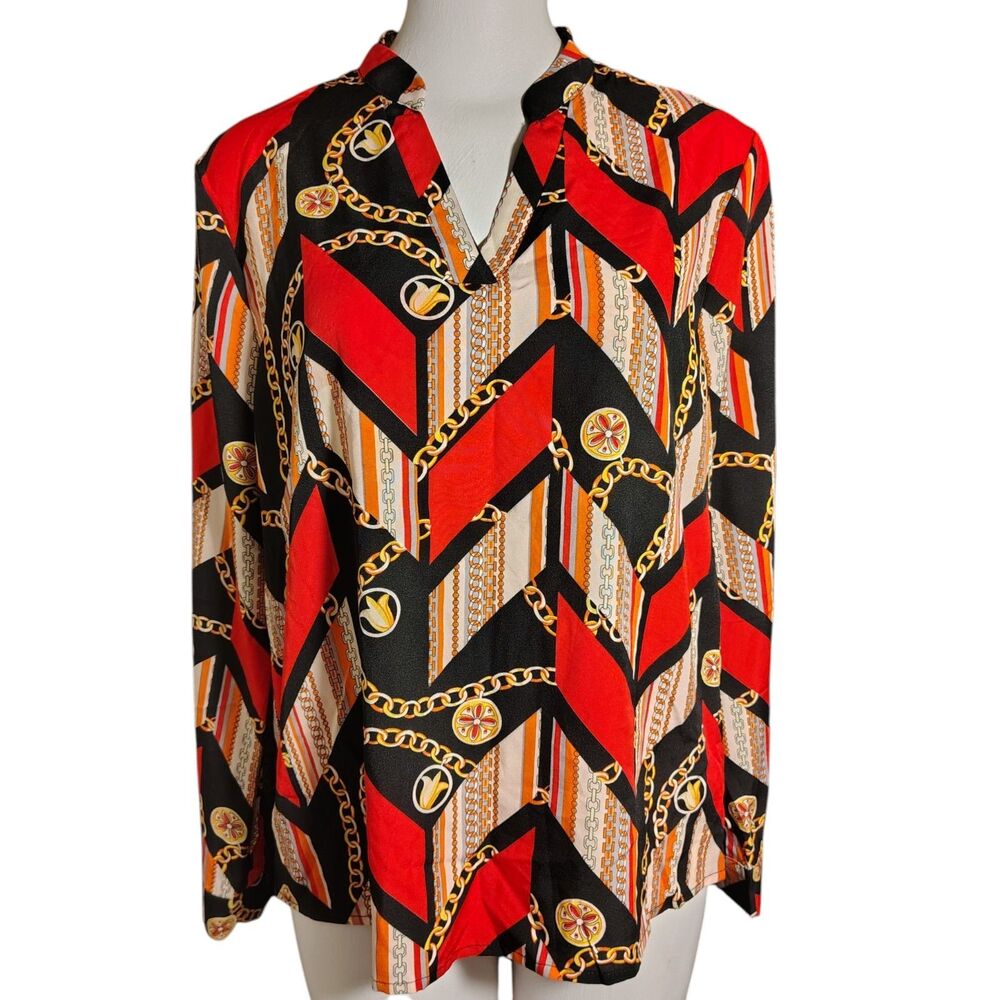 Geometric Chain Print Long Sleeve Blouse Red Black Gold Women's Large 00026